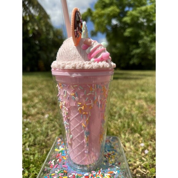 Pink 3D Cookie Ice Cream Sprinkle Cup 16oz Cold Beverage w/ Straw & Lid Tumbler - Picture 3 of 7